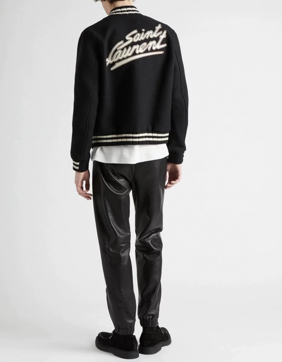 Black Wool Striped Trim Varsity - Men's