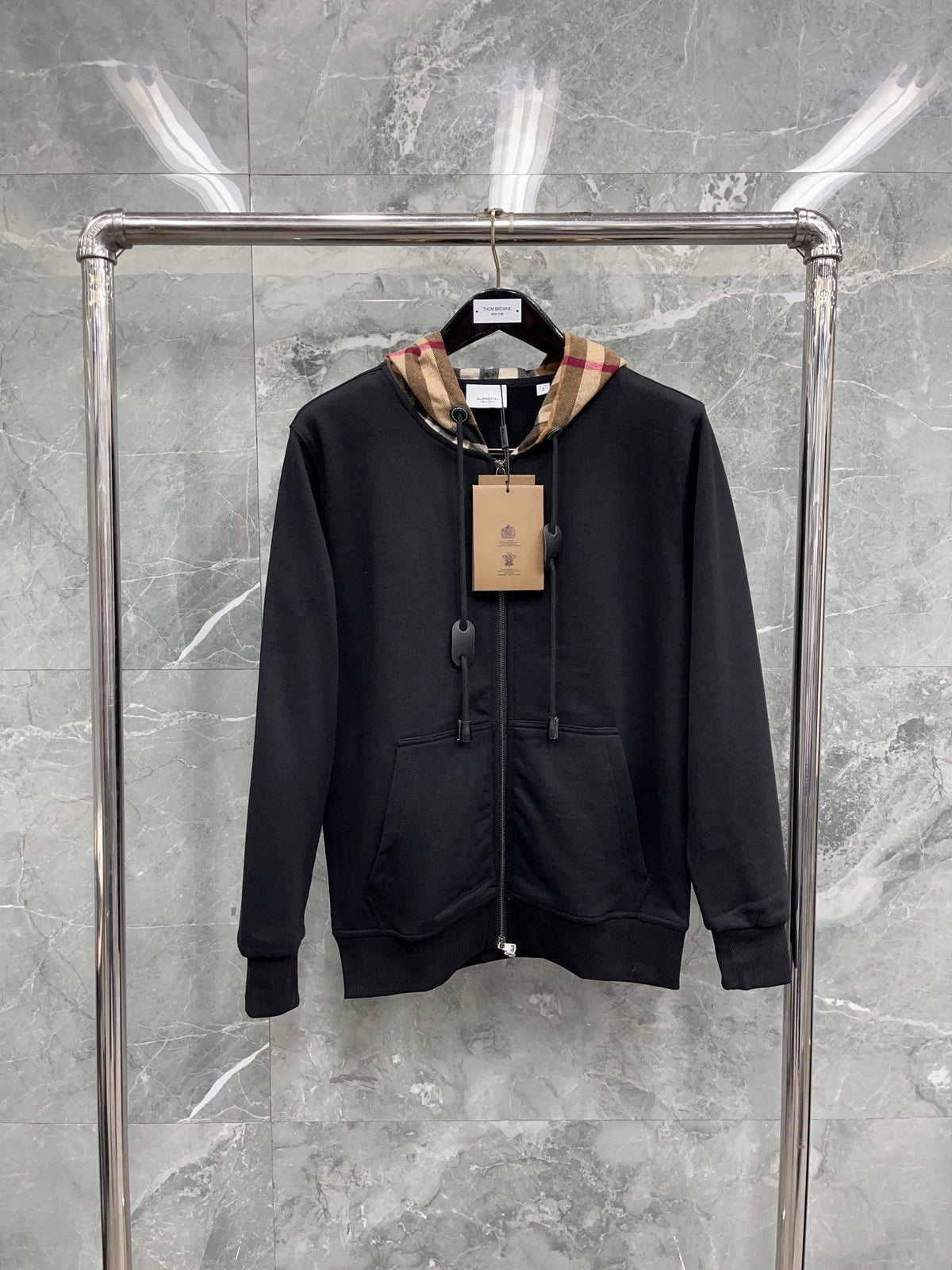Black Cotton Check Lined Zip-Through - Men's