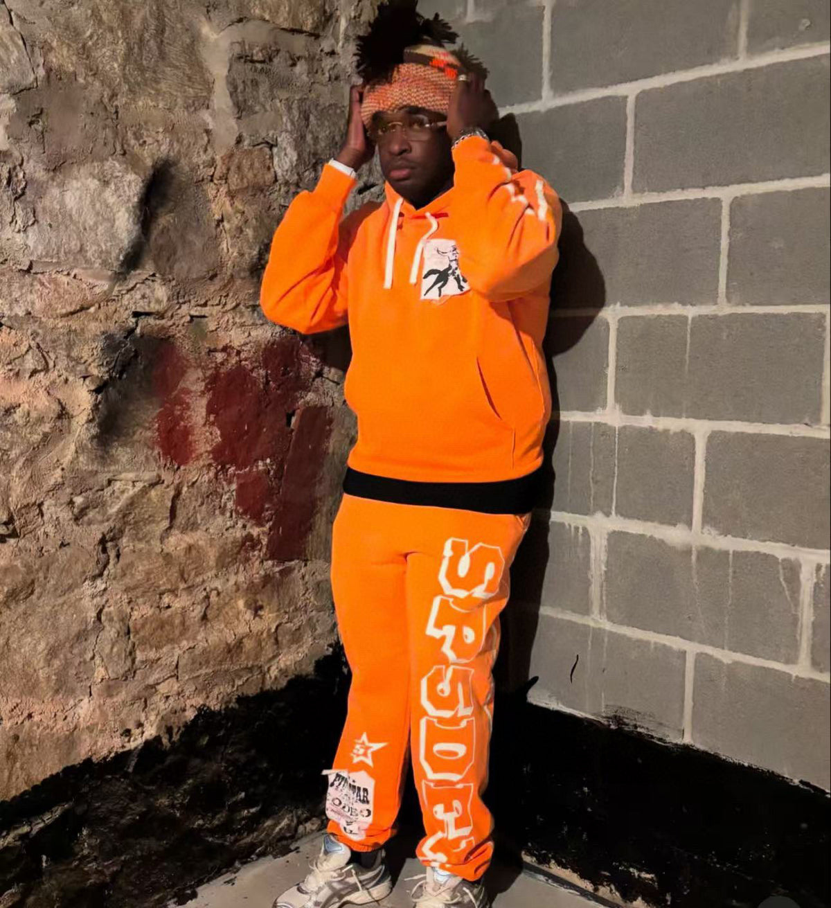 Orange Cotton Text Print Joggers - Men's