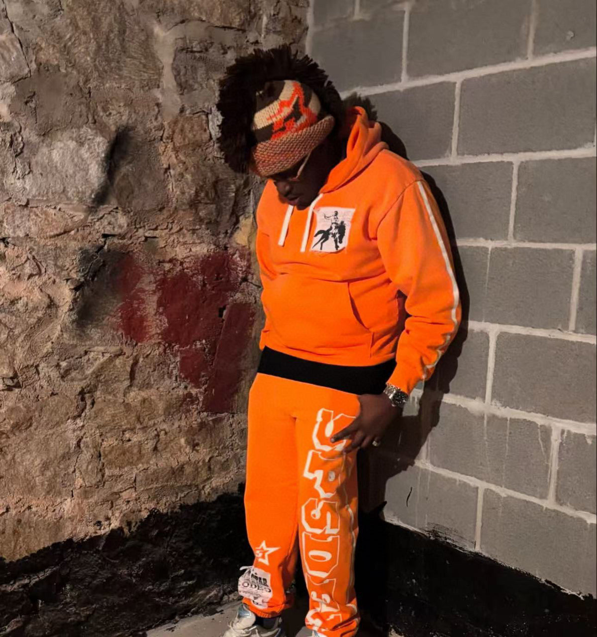 Orange Cotton Text Print Joggers - Men's