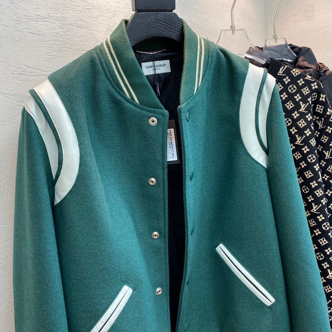Green Wool Contrast Sleeve Varsity - Men's