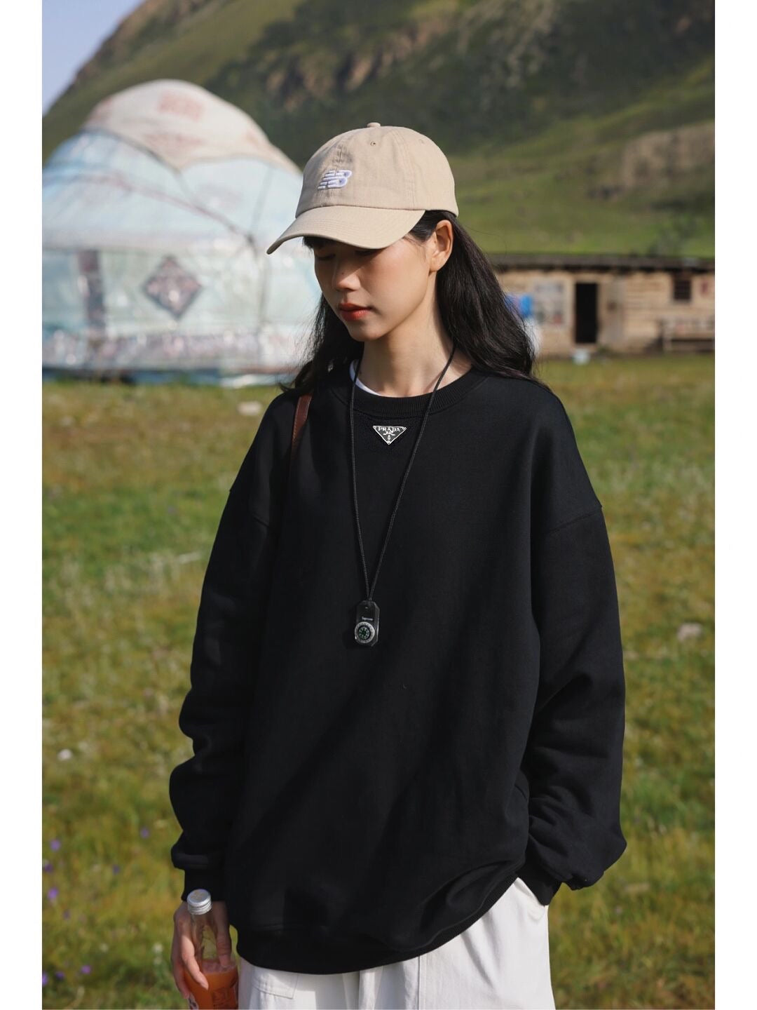 Black Cotton Triangle Logo Long-Sleeve - Men's