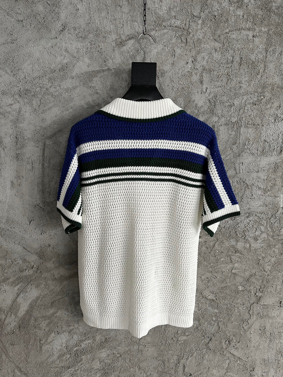 Navy Striped Yoke Knit Polo Shirt - Men's