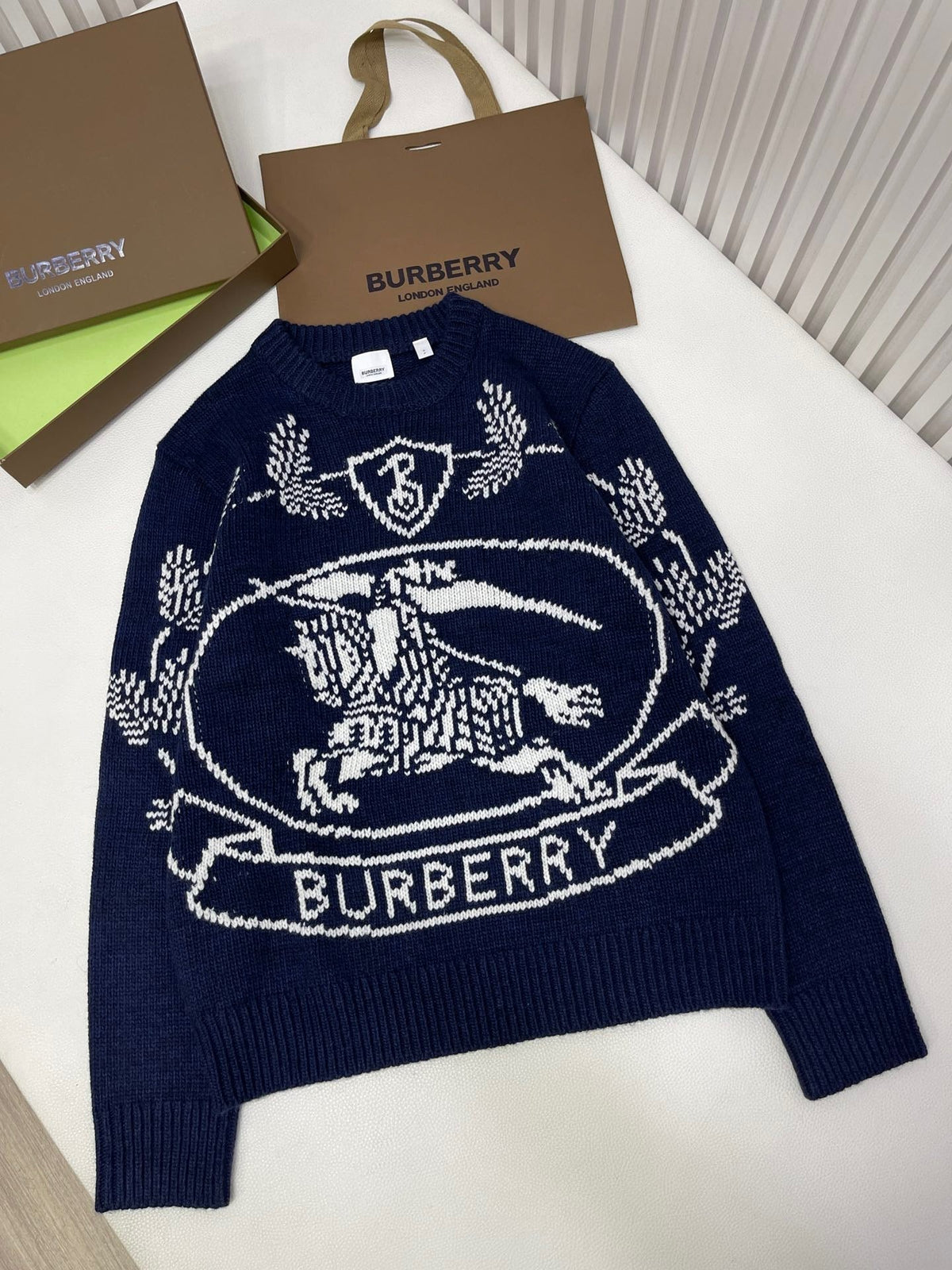 Navy Wool Crest Intarsia Crewneck - Men's