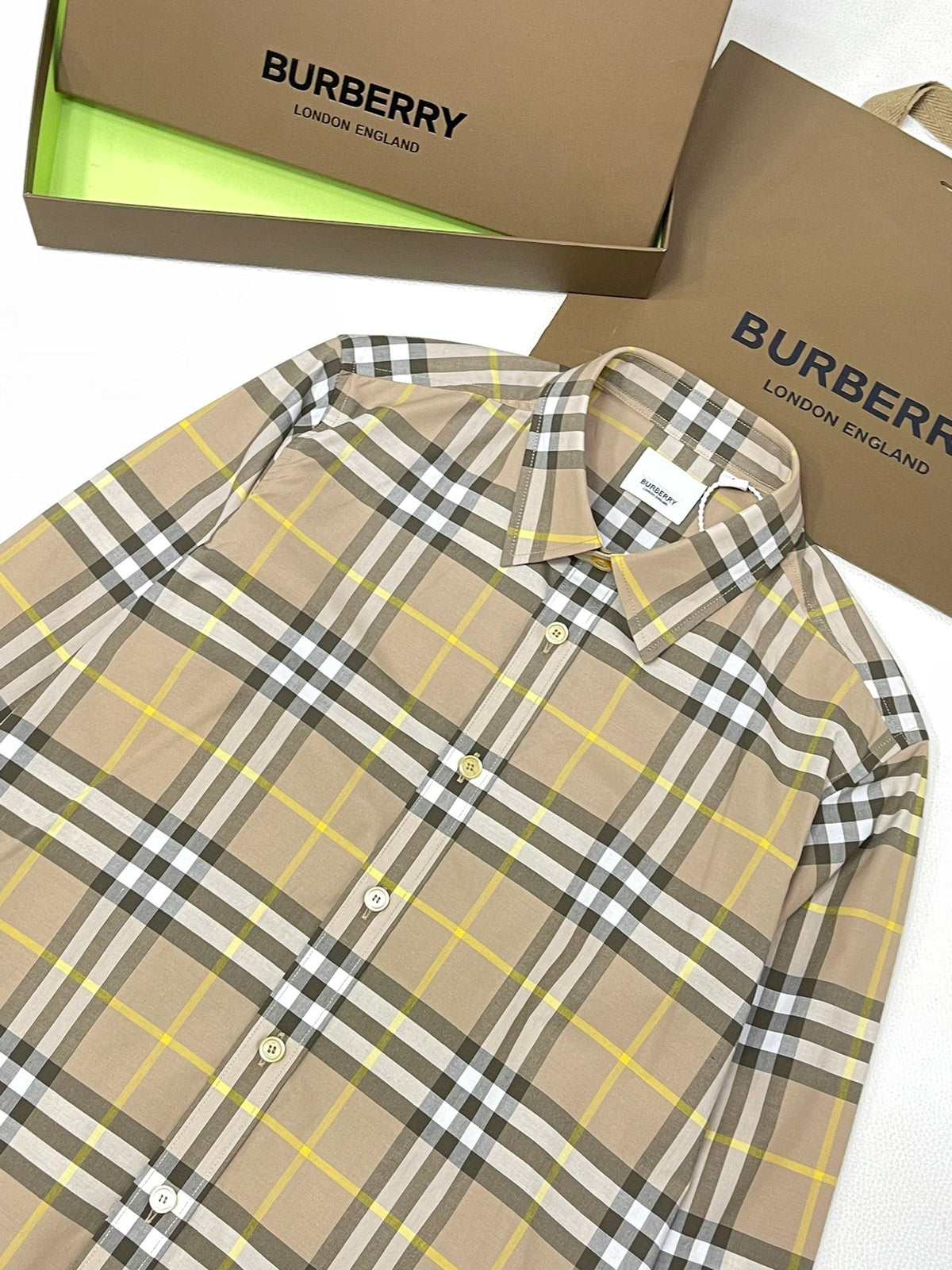 Beige Cotton Check Long-Sleeve - Men's