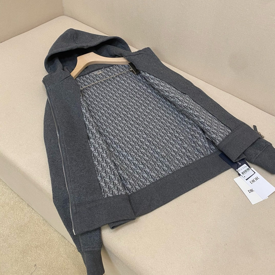 Grey Cotton Plain Zip-Through - Men's