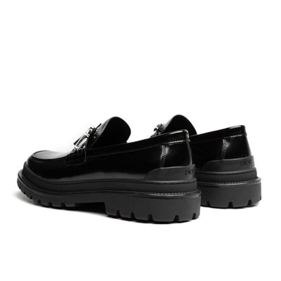 Black Leather Text Strap Loafer - Men's