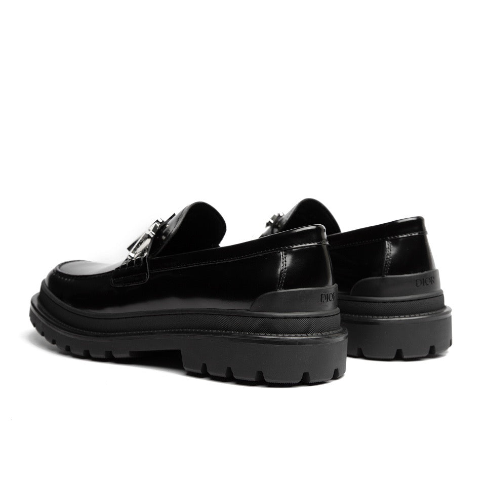 Black Leather Text Strap Loafer - Men's
