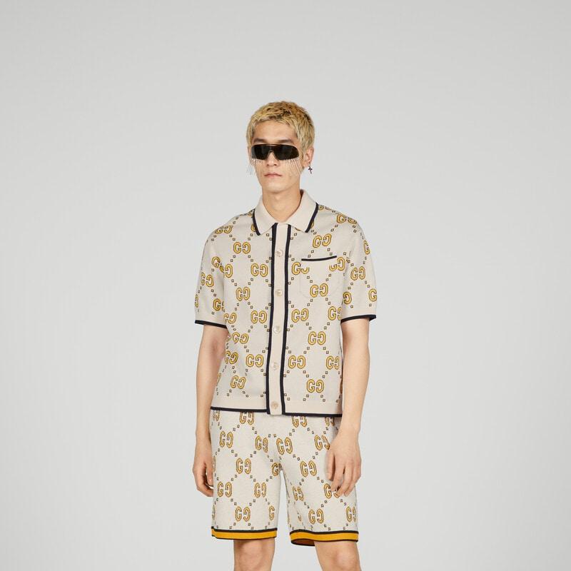 GG cotton bowling shirt – ivory and yellow GG cotton jacquard Polo collar Short sleeves Front chest pocket – LUX VERSE Luxury Designer Fashion Outlet