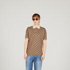 GG cotton silk polo shirt – beige and ebony GG cotton silk piquet jacquard Striped trim Gold-toned metal buttons – LUX VERSE Luxury Designer Fashion Outlet