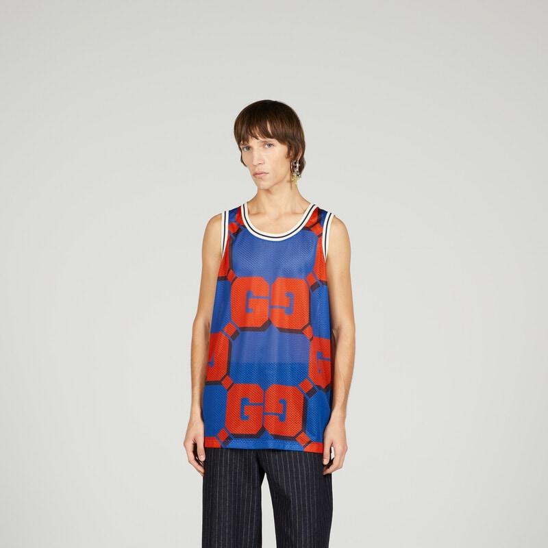 GG print mesh tank top – taking inspiration from the basketball court, this mesh tank top reveals a pop GG – LUX VERSE Luxury Designer Fashion Outlet