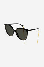Black cat-eye sunglasses with chain – it features a metal rim on the front and very fine chain that can be easily removed – LUX VERSE Luxury Designer Fashion Outlet