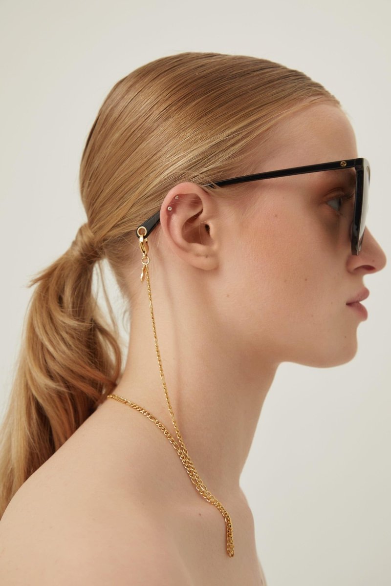 Black cat-eye sunglasses with chain – it features a metal rim on the front and very fine chain that can be easily removed – LUX VERSE Luxury Designer Fashion Outlet