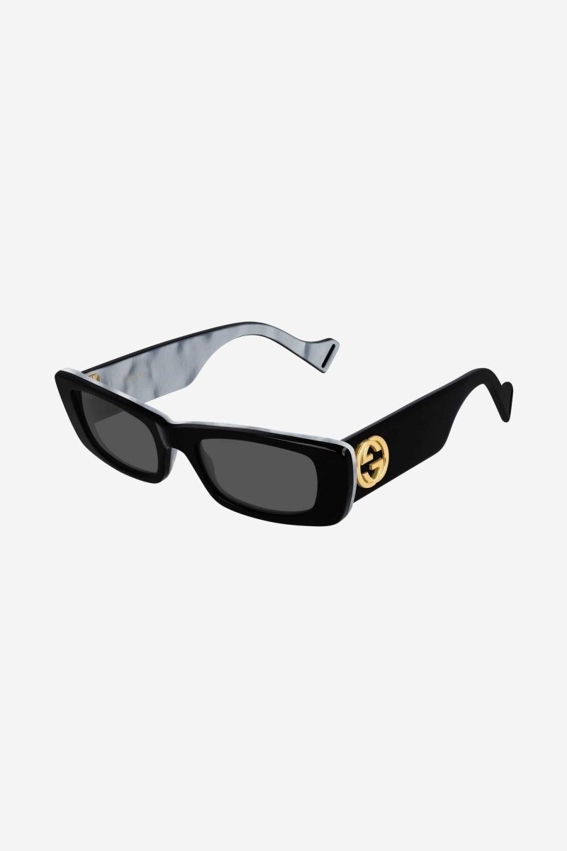 Black micro rectangular female sunglasses – vintage inspired extreme oval bold acetate shape that contast with giant Gold – LUX VERSE Luxury Designer Fashion Outlet