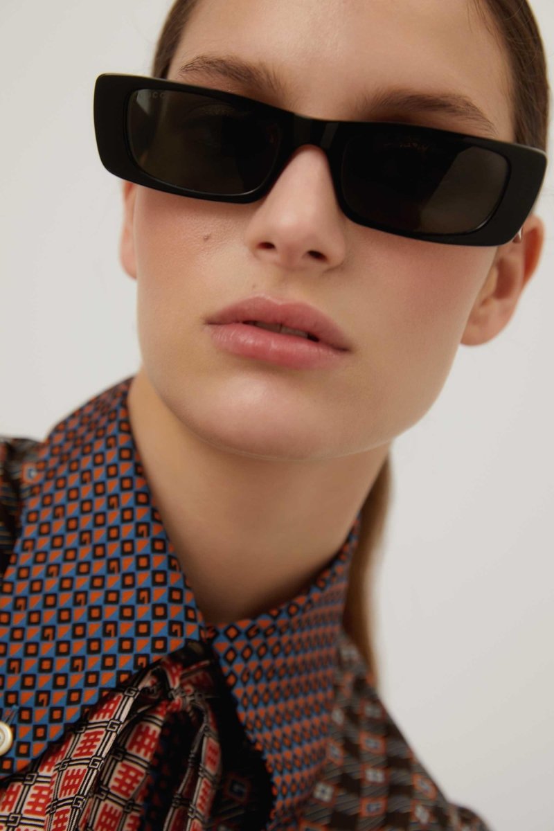 Black micro rectangular female sunglasses – vintage inspired extreme oval bold acetate shape that contast with giant Gold – LUX VERSE Luxury Designer Fashion Outlet