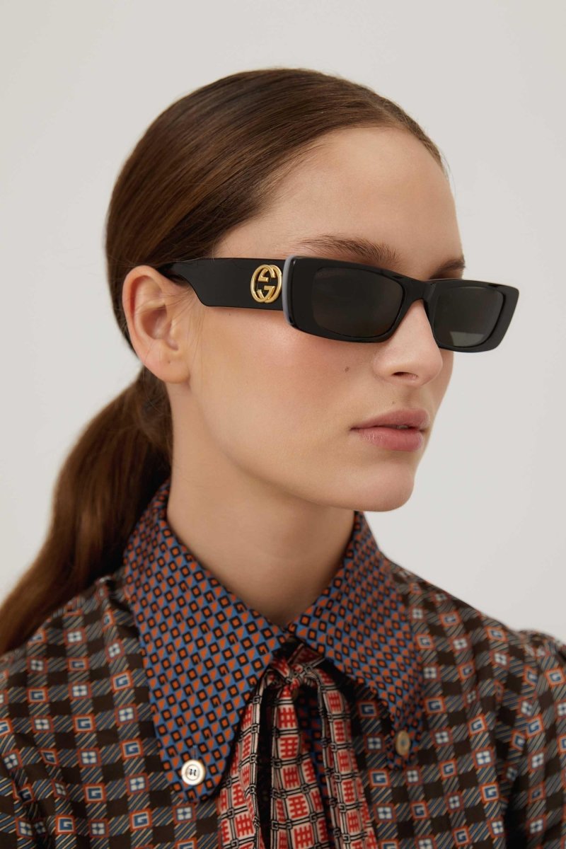 Black micro rectangular female sunglasses – the temple tips end with a perforeted end tip – LUX VERSE Luxury Designer Fashion Outlet
