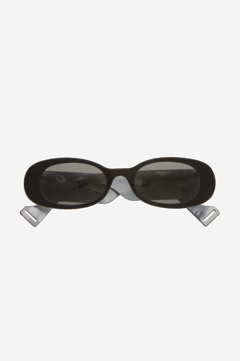 Black oval sunglasses – the temple tips end with a perforeted end tip – LUX VERSE Luxury Designer Fashion Outlet