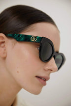 Cat eye black and green sunglasses – inspired by a gender fluid look, translated in a street style effortless look – LUX VERSE Luxury Designer Fashion Outlet