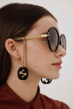 Chain black round acetate sunglasses – fashionable extra-round shape combined with metal chain temples – LUX VERSE Luxury Designer Fashion Outlet