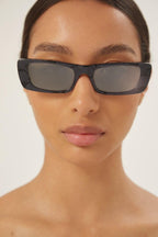 Dark grey rectangular sunglasses – the temple tips end with a perforeted end tip – LUX VERSE Luxury Designer Fashion Outlet