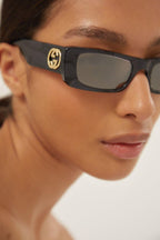 Dark grey rectangular sunglasses – vintage inspired extreme oval bold acetate shape that contast with giant Gold – LUX VERSE Luxury Designer Fashion Outlet