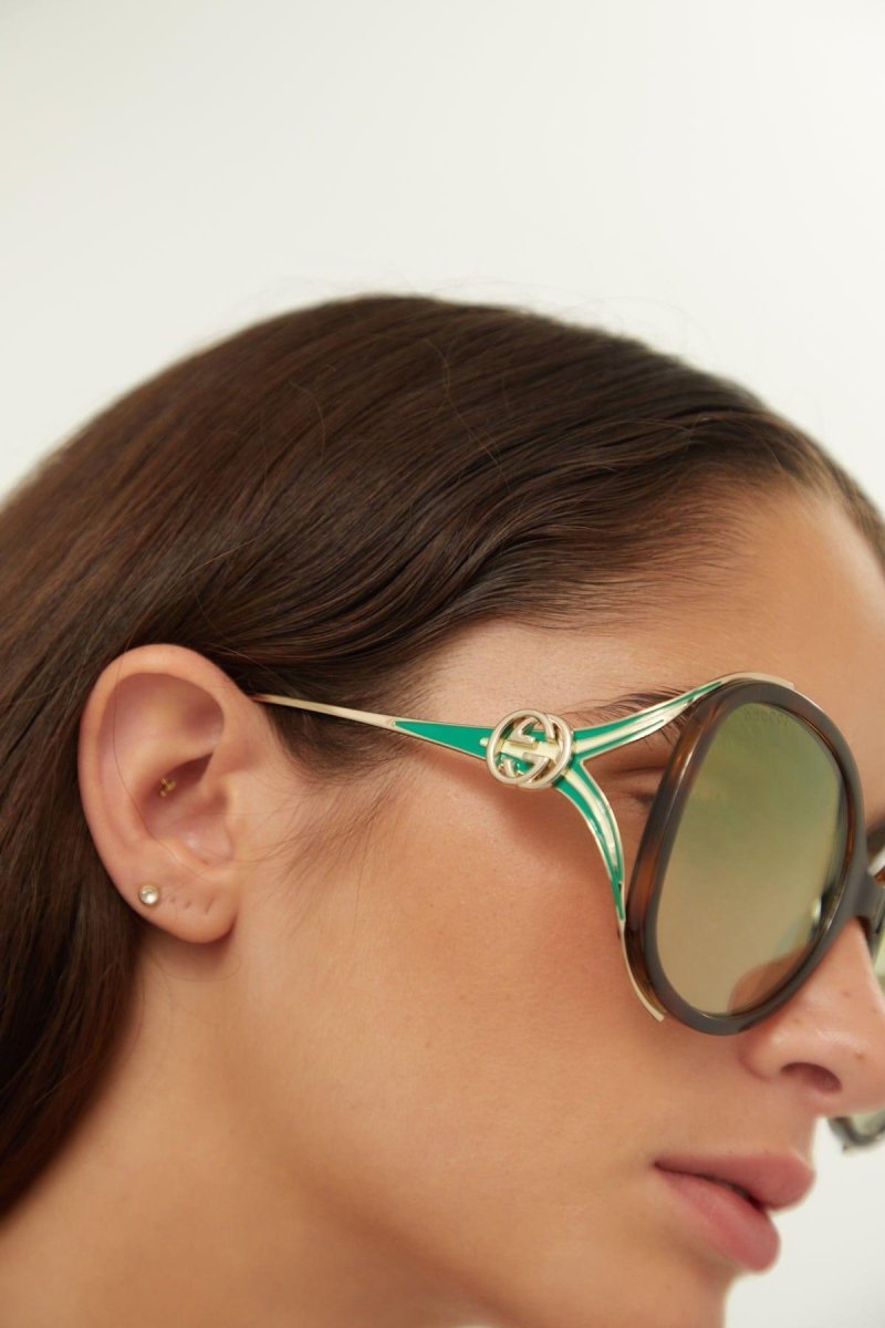 Fork acetate green sunglasses – acetate front paired with metal temples with the iconic fork hinge and the GG – LUX VERSE Luxury Designer Fashion Outlet