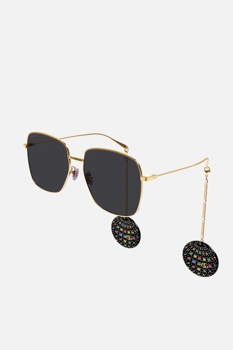 Gold squared sunglasses with disco ball charms – all the accessories are removable and are attached at the end of the temples tips – LUX VERSE Luxury Designer Fashion Outlet