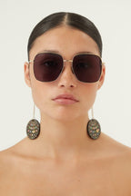 Gold squared sunglasses with disco ball charms – the full metal square shape is enriched by new playful pendants – LUX VERSE Luxury Designer Fashion Outlet
