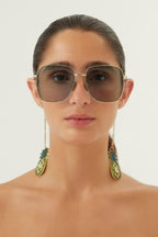 Gold squared sunglasses with pineapple charms – lettering logo laser engraved on the lightweight metal temple – LUX VERSE Luxury Designer Fashion Outlet