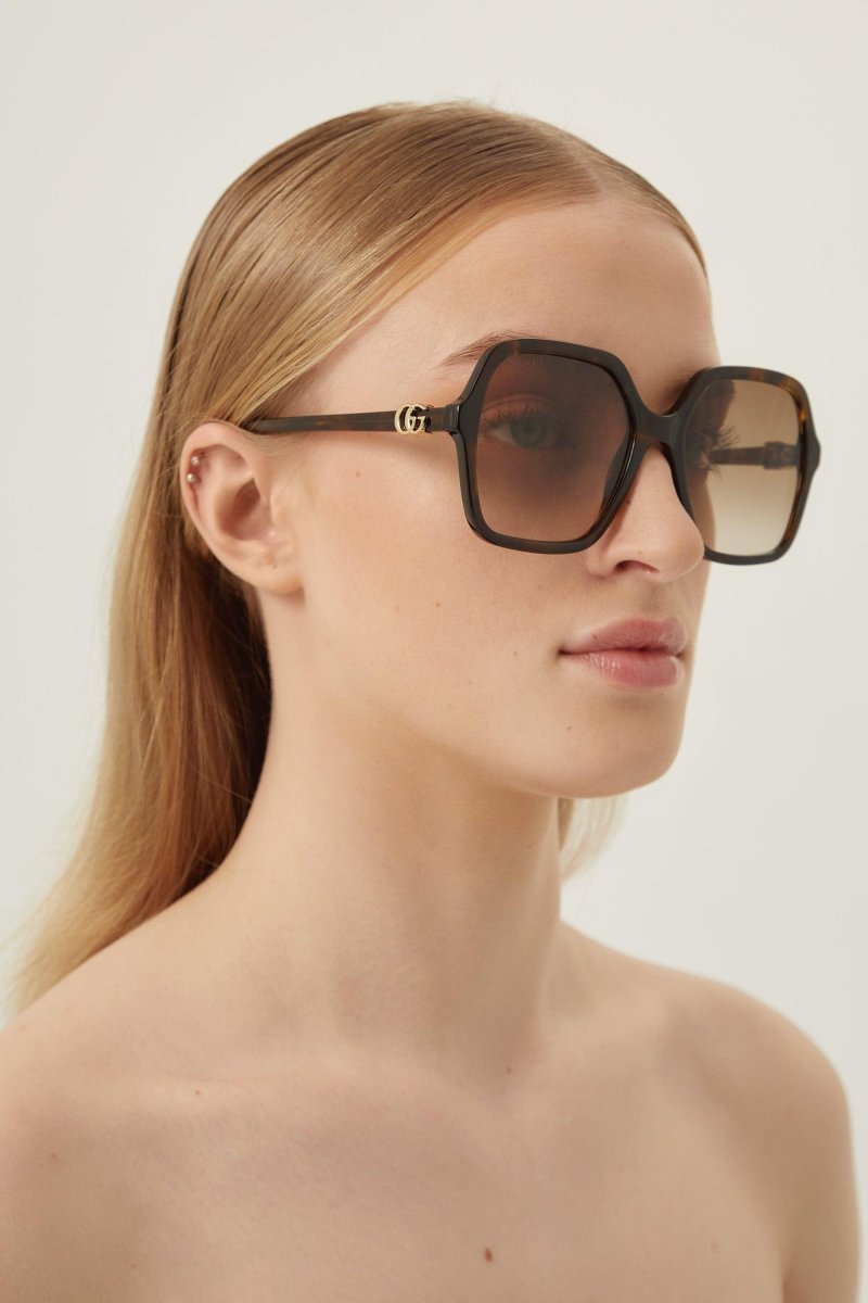 Havana square shape sunglasses – iconic GG mini running logo on both straight temples – LUX VERSE Luxury Designer Fashion Outlet