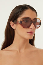 Hexagonal tricolor brown sunglasses – this unique sun style is characterized by a faceted construction to harmonize – LUX VERSE Luxury Designer Fashion Outlet
