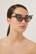 Hollywood collection sunglasses with Swarovski – fashion show style featuring a rectangular shape in black and ivory acetate – LUX VERSE Luxury Designer Fashion Outlet