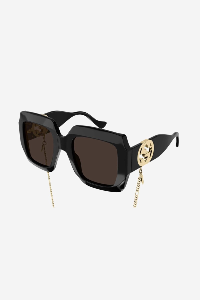 Oversized femenine black sunglasses with integrated GG logo – a new interpretation of Chain iconic concept to see with new eyes: – LUX VERSE Luxury Designer Fashion Outlet