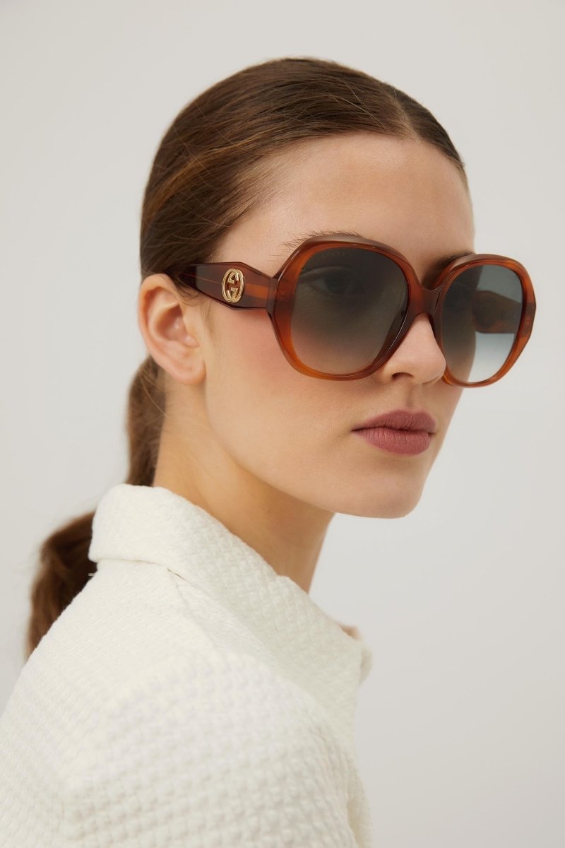 Round light havana sunglasses – the oversize squared shape in metal contrast with colored temple tip – LUX VERSE Luxury Designer Fashion Outlet
