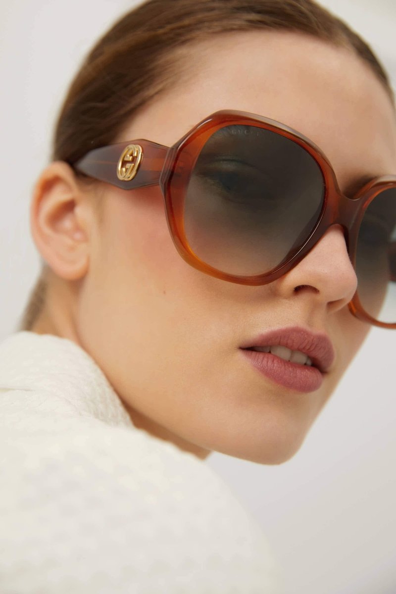 Round light havana sunglasses – the multi-color rainbow lenses features logo all-over – LUX VERSE Luxury Designer Fashion Outlet