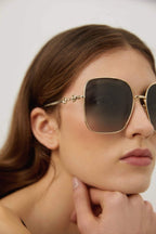 Squared metal gold grey classic sunglasses with horsebit detail – the Logo is featured in this metal styles all with the same refined feeling – LUX VERSE Luxury Designer Fashion Outlet