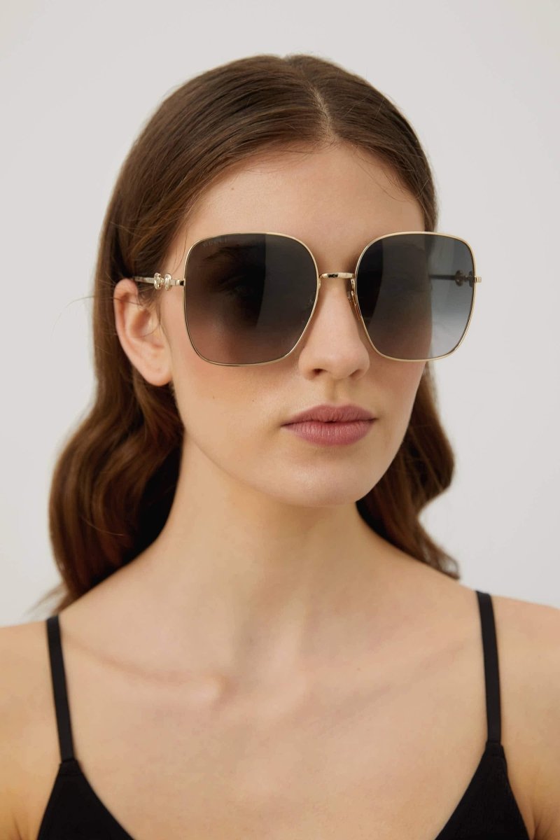 Squared metal gold grey classic sunglasses with horsebit detail – for the first time, the iconic Horsebit, is interpreted in the Eyewear – LUX VERSE Luxury Designer Fashion Outlet
