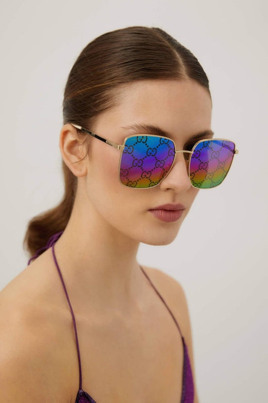 Gucci squared sunglasses with Gucci logo all over logo on lenses - Lux Studios