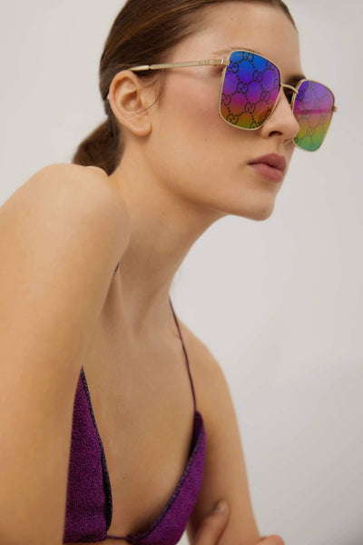 Gucci squared sunglasses with Gucci logo all over logo on lenses - Lux Studios