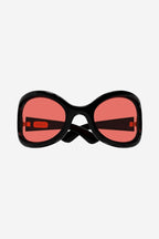 Wrap around black sunglasses – iconic rivets and lettering logo on the inner temple – LUX VERSE Luxury Designer Fashion Outlet