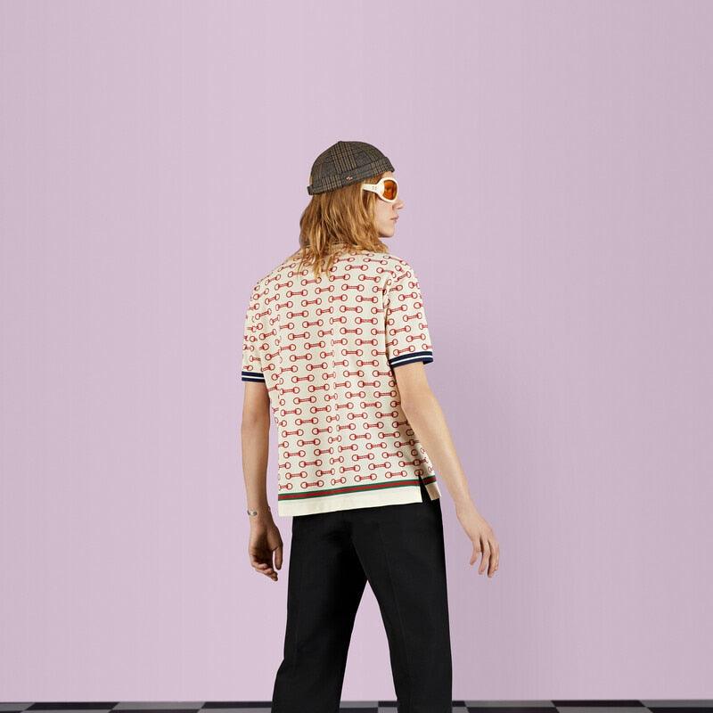 Horsebit print cotton polo shirt – ivory and red Horsebit print stretch cotton piquet Multicolor trim Short sleeve Made – LUX VERSE Luxury Designer Fashion Outlet