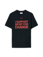 I Support Sport For Change” T-Shirt – black short sleeves t-shirt featuring tonal logo and red Milano script at – LUX VERSE Luxury Designer Fashion Outlet