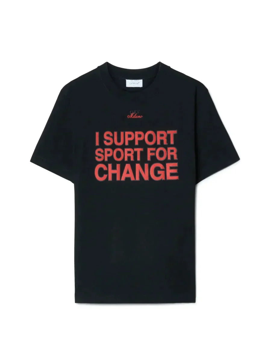 I Support Sport For Change” T-Shirt – black short sleeves t-shirt featuring tonal logo and red Milano script at – LUX VERSE Luxury Designer Fashion Outlet