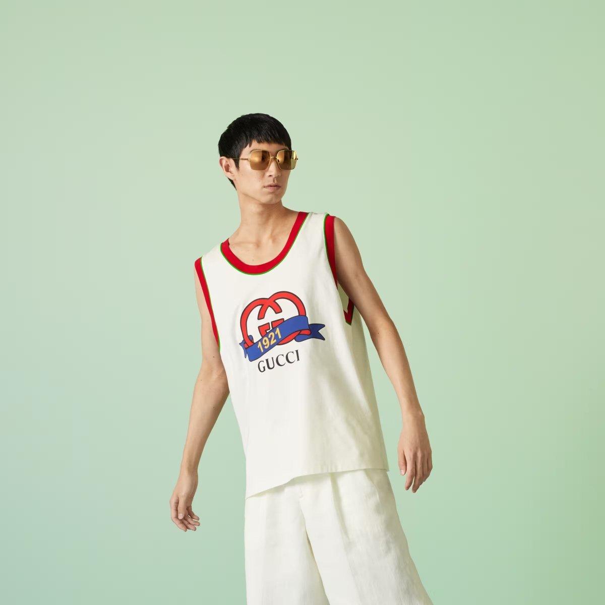 Interlocking G 1921 print cotton top – crafted from cotton jersey, this tank top is enriched with a vintage logo label – LUX VERSE Luxury Designer Fashion Outlet