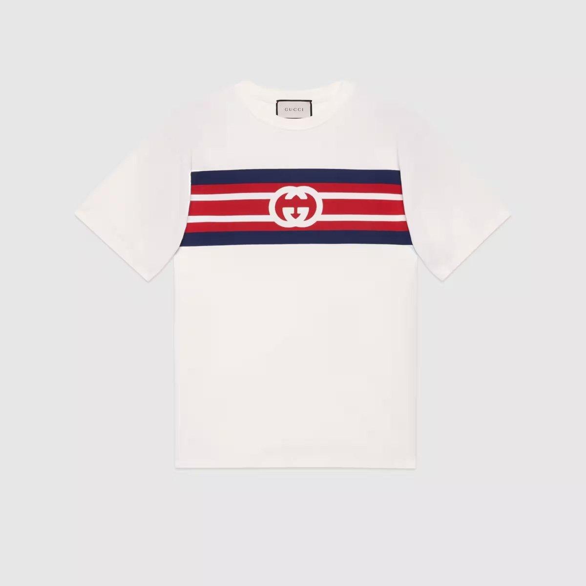 Interlocking G stripe print T-shirt – a playful take on House codes, blue and red stripes reminiscent of the classic Web – LUX VERSE Luxury Designer Fashion Outlet