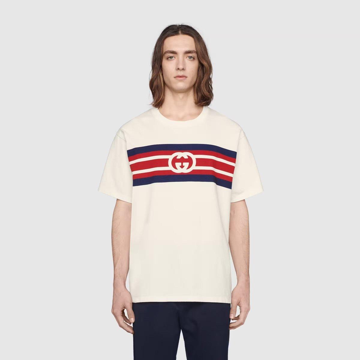 Interlocking G stripe print T-shirt – washed heavy cotton jersey Blue and red stripes with Interlocking G print – LUX VERSE Luxury Designer Fashion Outlet