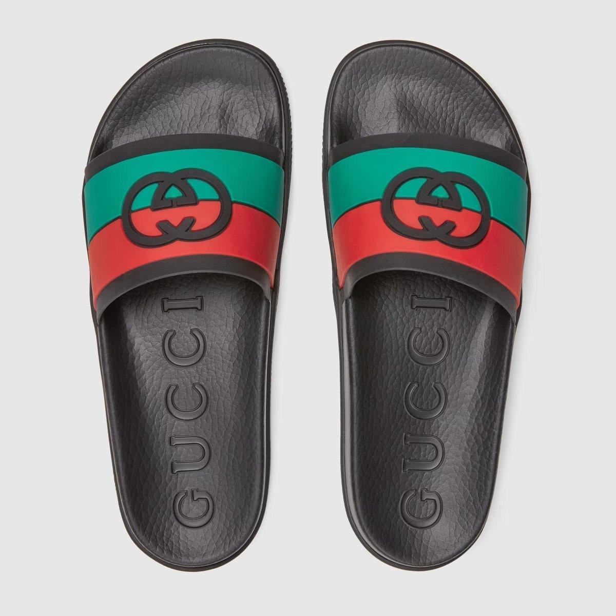 Men's Interlocking G slide sandal – red and green Interlocking G striped rubber and black footbed Men's Rubber sole Flat – LUX VERSE Luxury Designer Fashion Outlet