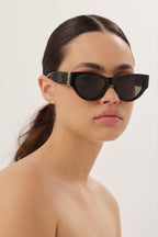 Black almond shape featuring bold YSL logo – a STRONG FEMININE CAT-EYE SHAPE, THE EVOLUTION OF THE MONOGRAM ACETATE IN A BOLDER – LUX VERSE Luxury Designer Fashion Outlet