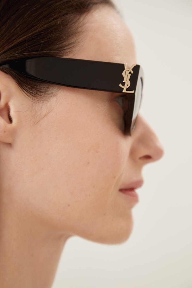 Black almond shape featuring bold YSL logo – tHE MYTHIC YSL SIGNATURE IS INTEGRATED AS AN HINGE DETAIL AND MADE HIGHLY VISIBLE ON – LUX VERSE Luxury Designer Fashion Outlet