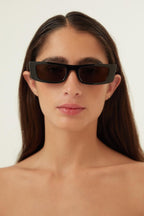 Rectangular black sunglasses – a ULTRA NARROW STYLE CHARACTERIZED BY A PLAY OF VOLUMES THROUGHOUT FRONT AND TEMPLES – LUX VERSE Luxury Designer Fashion Outlet